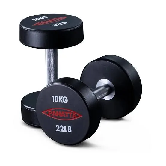 Stock image of two 22 lb. dumbbells. 